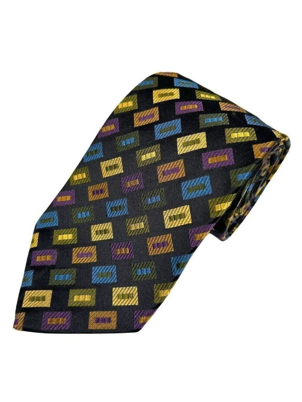 XMI Platinum Men’s Black Blue Gold Geometric 100% Silk Tie